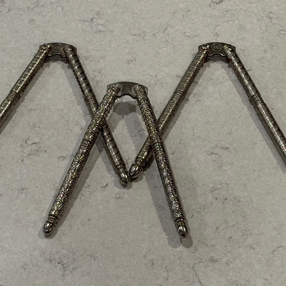 Vintage HMQ Silver Tone Metal Nutcrackers Set of 3 Textured Handles Kitchen Tool